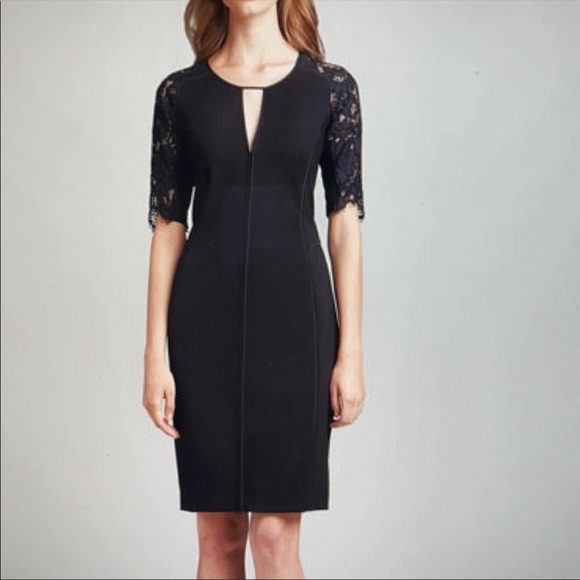 Rebecca Taylor Black Lace Sleeve Fitted Shift Dress Size 4 - Picture 1 of 8
